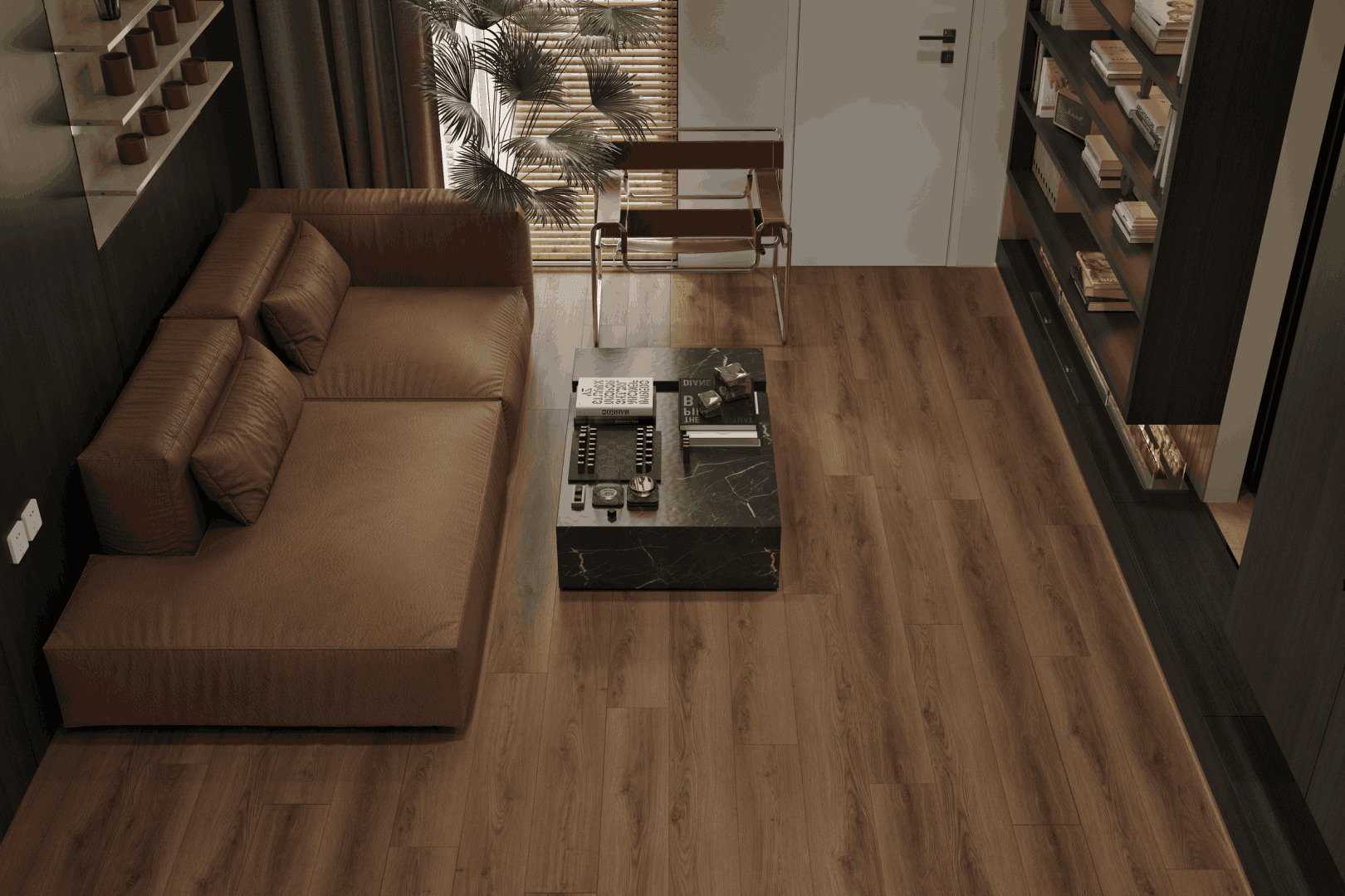 Кварцвиниловый SPC ламинат Alpine Floor Premium XL Дуб Табачный ECO 7-34 1524×180×8 фото в интерьере