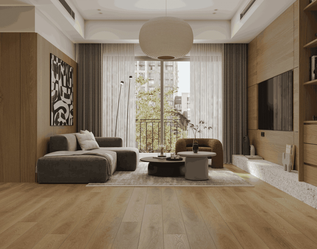 Кварцвиниловый SPC ламинат Alpine Floor Premium XL Дуб Льняной ECO 7-36 1524×180×8 фото в интерьере