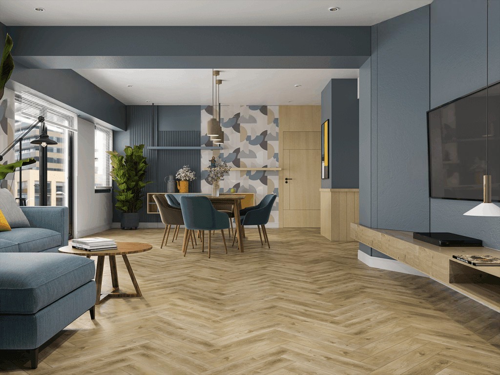 Кварцвиниловый SPC ламинат Alpine Floor Parquet Light Дуб Кастор ЕСО 13-34 венгерская елка 600×125×4 фото в интерьере