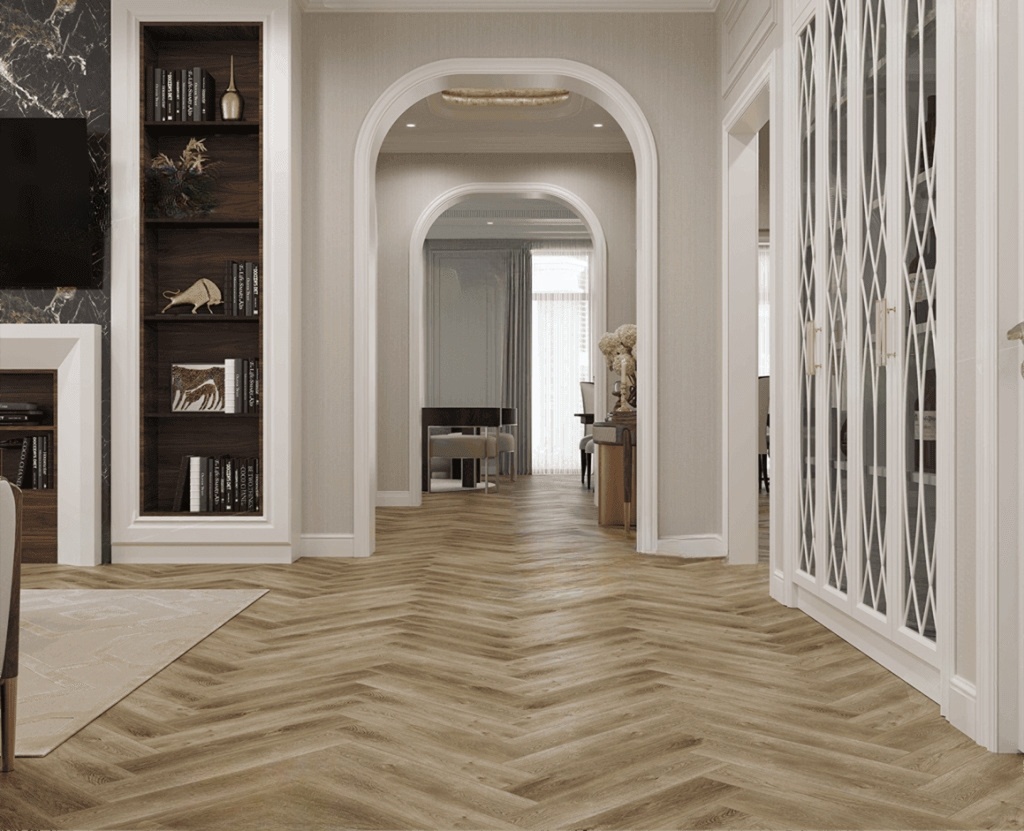 Кварцвиниловый SPC ламинат Alpine Floor Parquet Light Дуб Целата ЕСО 13-35 венгерская елка 600×125×4 фото в интерьере