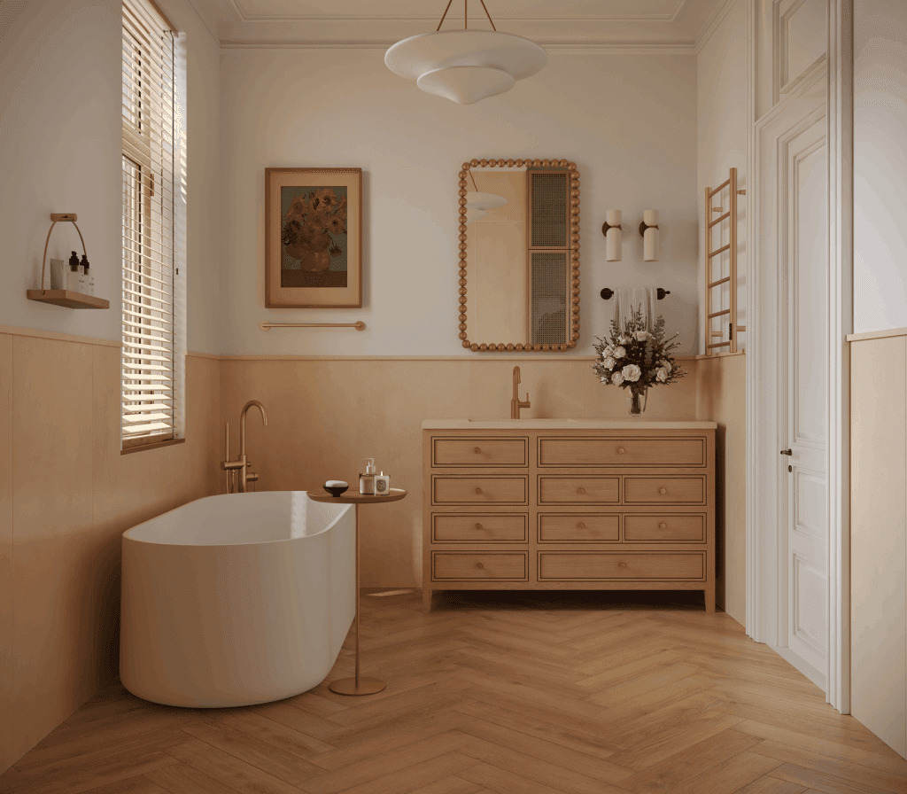 Кварцвиниловый SPC ламинат Norland Parquet Saver Sand 1066-2 венгерская елка 600×125×4 фото в интерьере