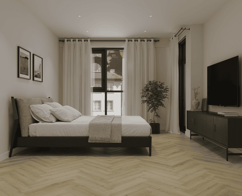 Кварцвиниловый SPC ламинат Norland Parquet Instant Light 1066-4 венгерская елка 600×125×4 фото в интерьере