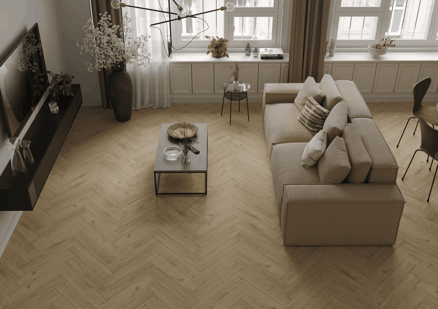 Кварцвиниловый SPC ламинат Norland Parquet Clear Room 1066-6 венгерская елка 600×125×4 фото в интерьере