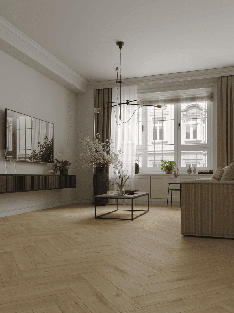 Кварцвиниловый SPC ламинат Norland Parquet Clear Room 1066-6 венгерская елка 600×125×4 фото в интерьере