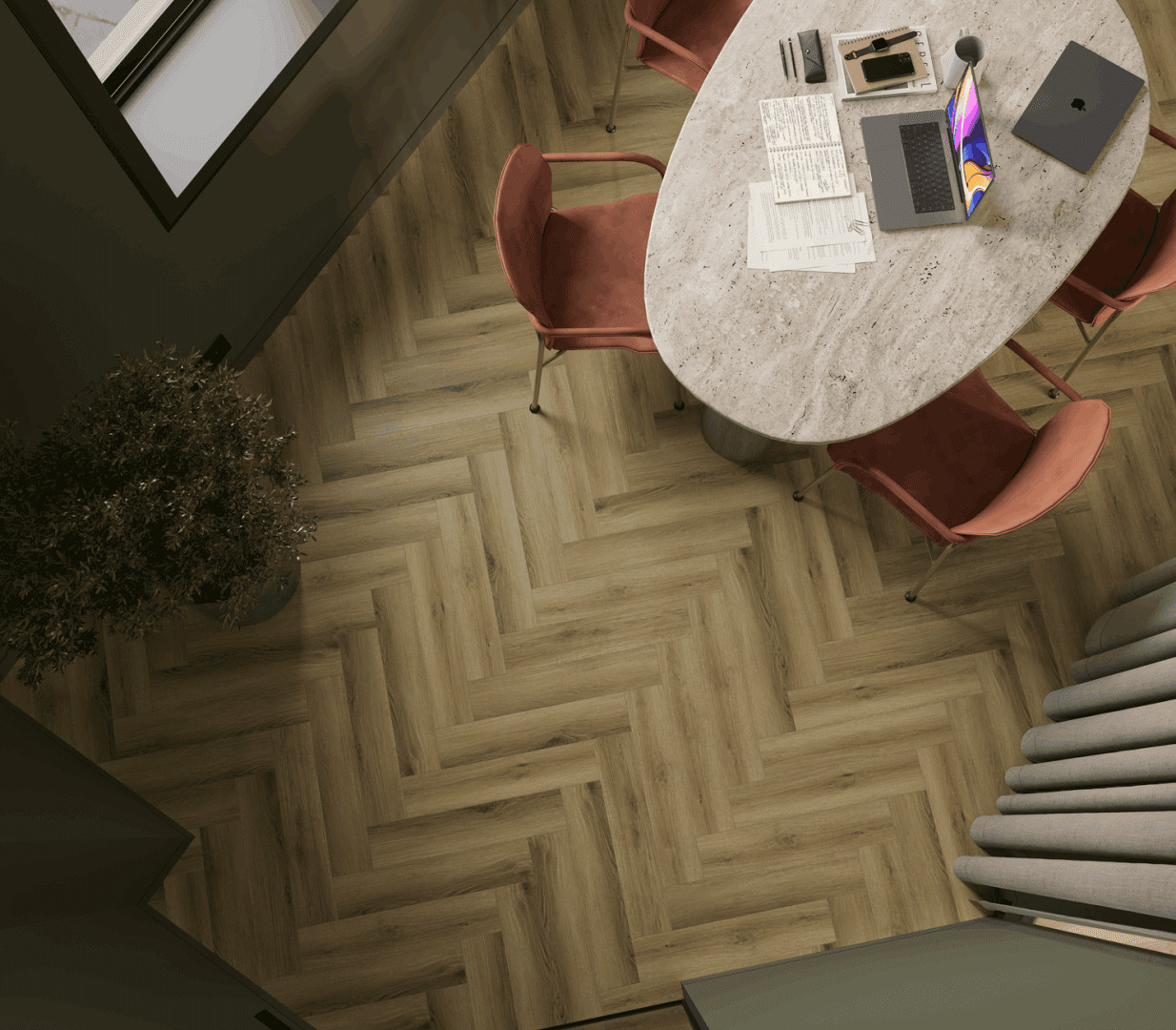 Кварцвиниловый SPC ламинат Norland Parquet Start Style 1066-7 венгерская елка 600×125×4 фото в интерьере