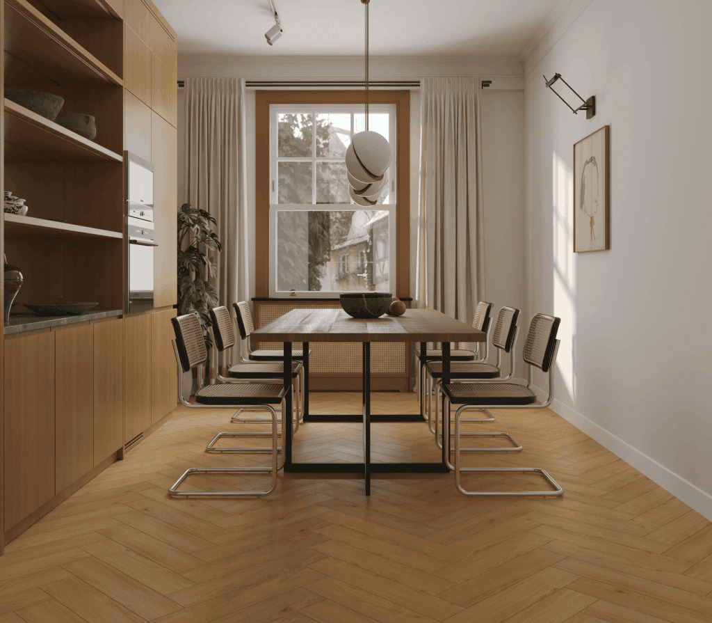 Кварцвиниловый SPC ламинат Norland Parquet Simple Seal 1066-8 венгерская елка 600×125×4 фото в интерьере