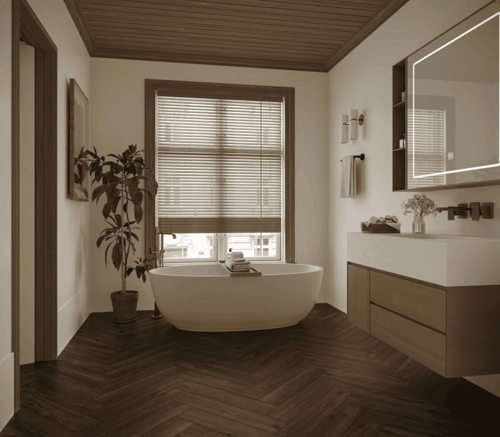 Кварцвиниловый SPC ламинат Norland Parquet Swift Style 1066-9 венгерская елка 600×125×4 фото в интерьере