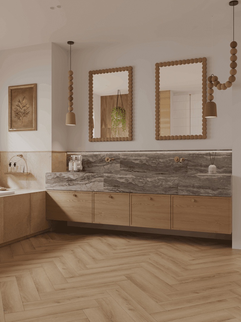 Кварцвиниловый SPC ламинат Norland Parquet S Taymyr 1055-1 венгерская елка 600×125×4 фото в интерьере