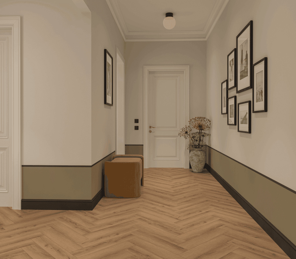 Кварцвиниловый SPC ламинат Norland Parquet S Valday 1055-2 венгерская елка 600×125×4 фото в интерьере