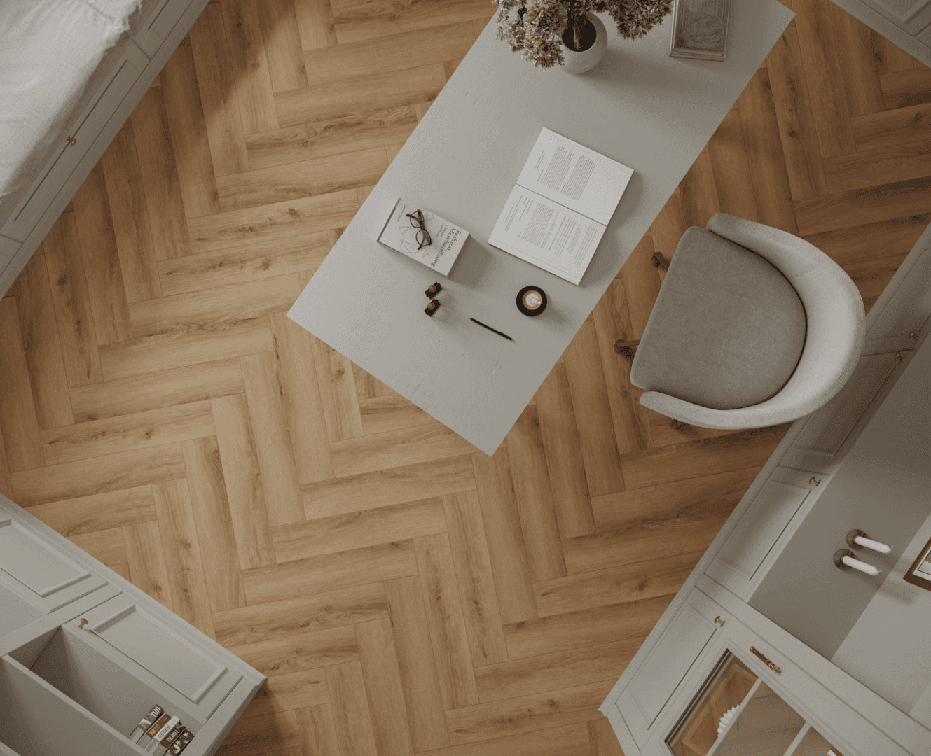 Кварцвиниловый SPC ламинат Norland Parquet S Onega 1055-3 венгерская елка 600×125×4 фото в интерьере