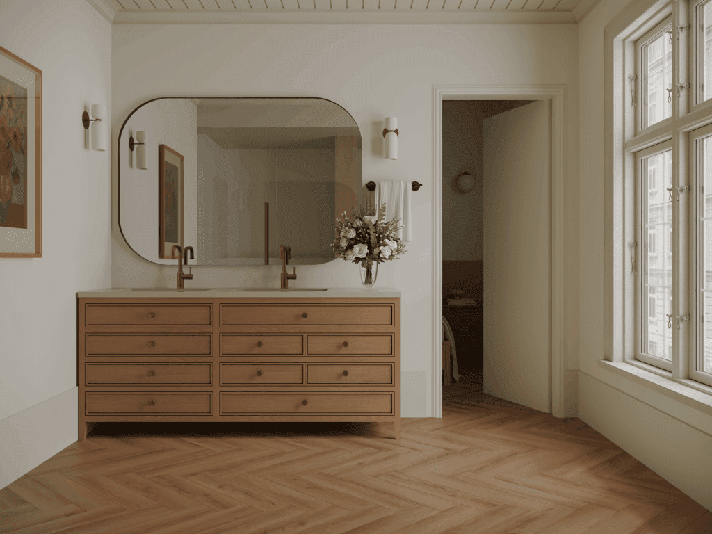 Кварцвиниловый SPC ламинат Norland Parquet S Lama 1055-4 венгерская елка 600×125×4 фото в интерьере