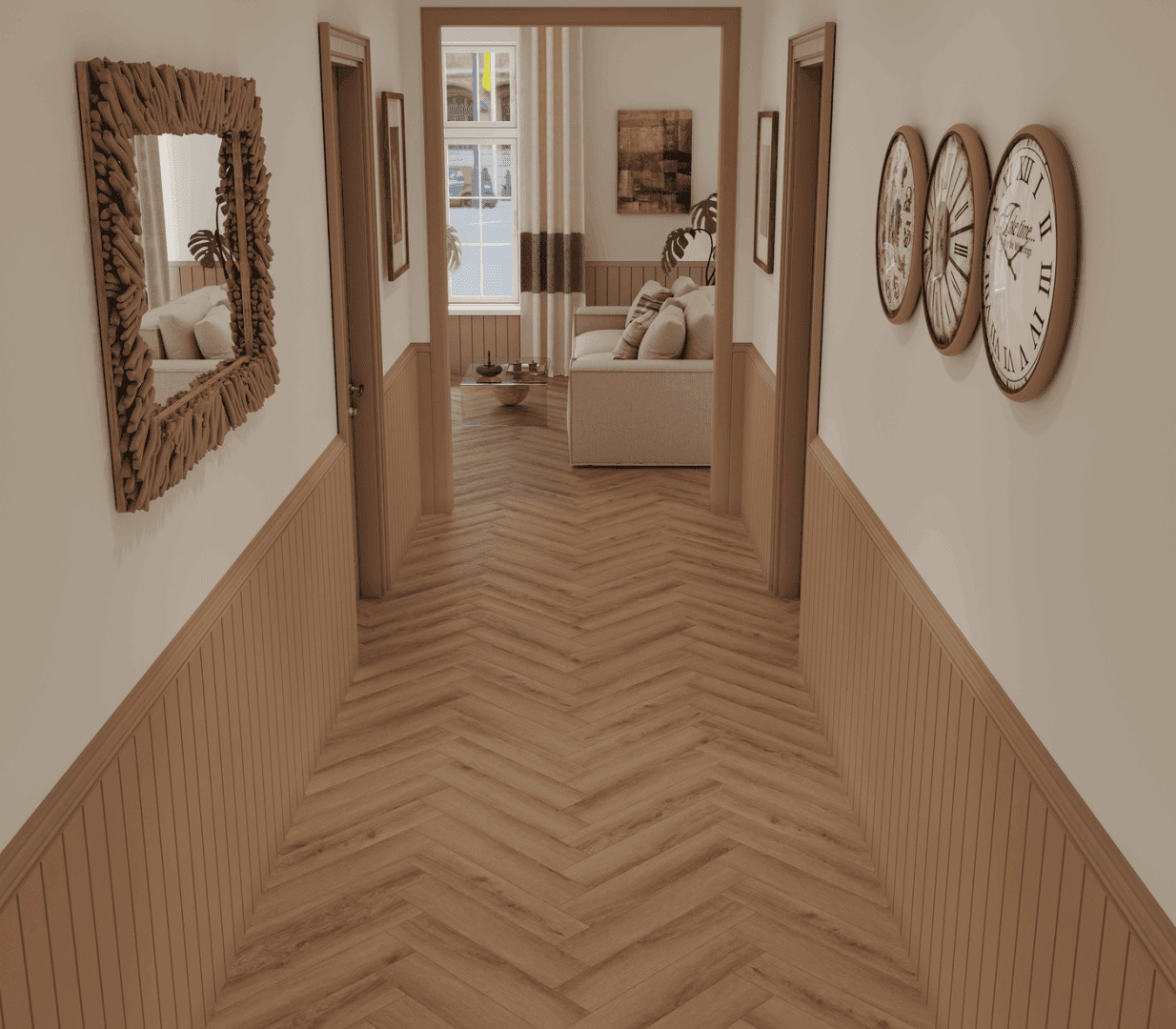 Кварцвиниловый SPC ламинат Norland Parquet S Senezh 1055-5 венгерская елка 600×125×4 фото в интерьере