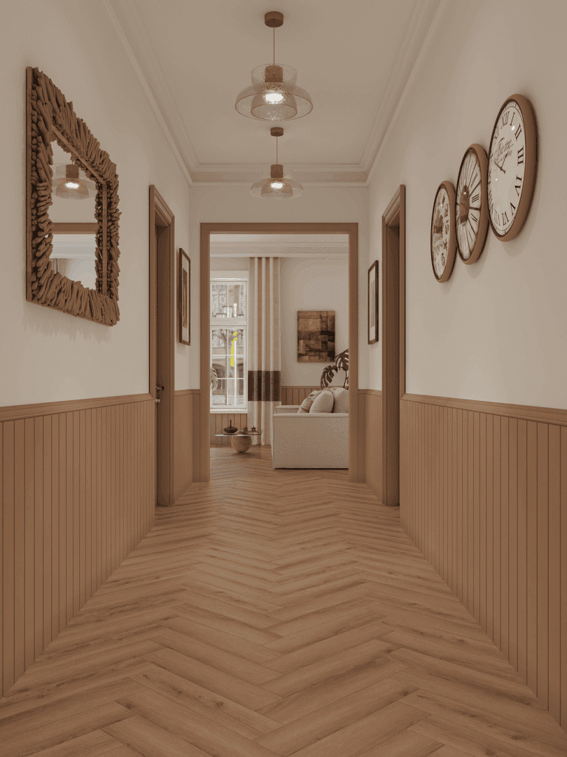 Кварцвиниловый SPC ламинат Norland Parquet S Senezh 1055-5 венгерская елка 600×125×4 фото в интерьере