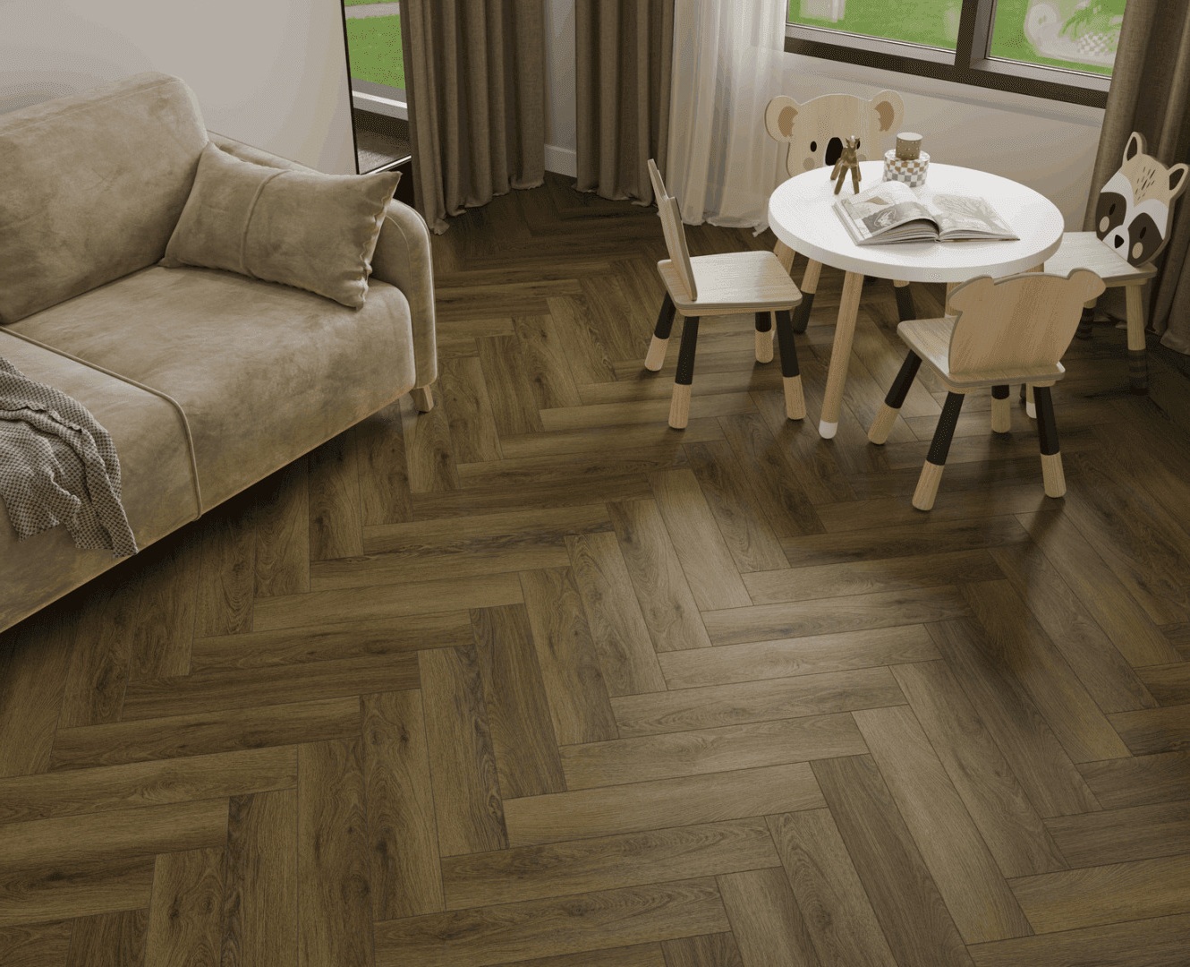 Кварцвиниловый SPC ламинат Norland Parquet S Polar 1055-11 венгерская елка 600×125×4 фото в интерьере