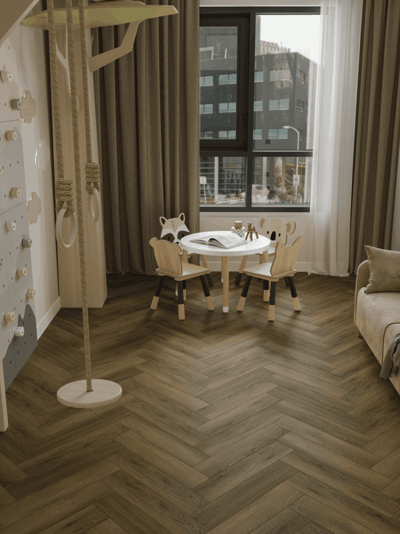 Кварцвиниловый SPC ламинат Norland Parquet S Polar 1055-11 венгерская елка 600×125×4 фото в интерьере