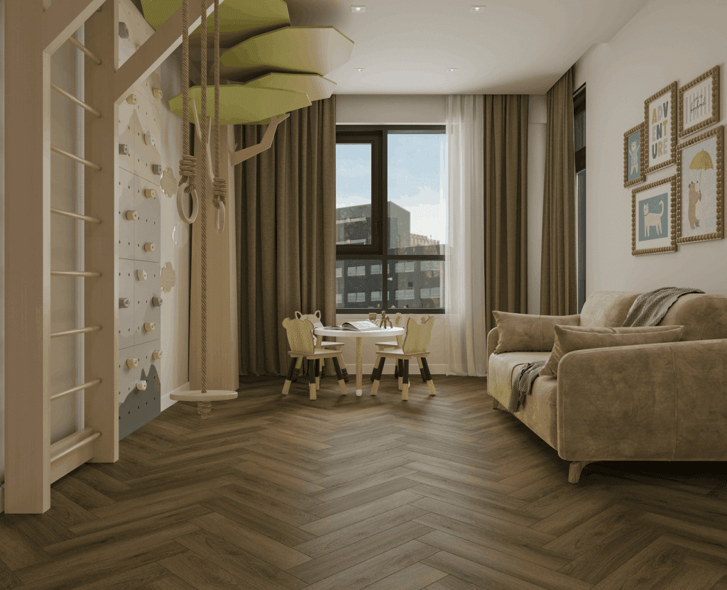 Кварцвиниловый SPC ламинат Norland Parquet S Polar 1055-11 венгерская елка 600×125×4 фото в интерьере