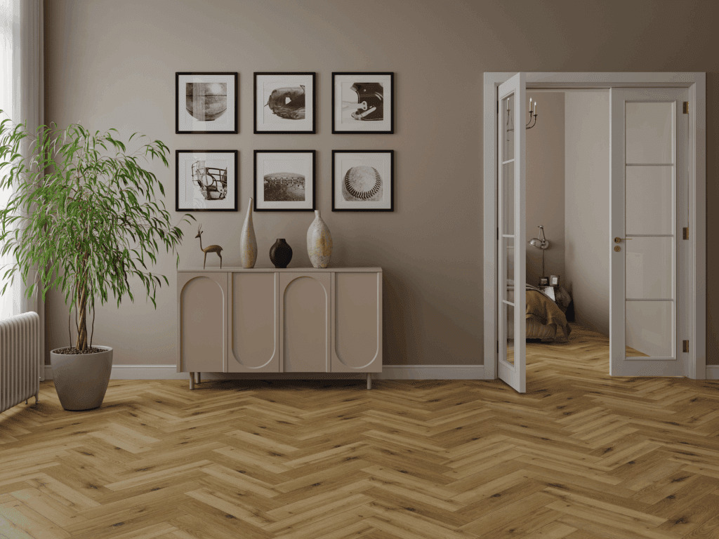 Кварцвиниловый SPC ламинат Norland Parquet S Opal 1055-12 венгерская елка 600×125×4 фото в интерьере