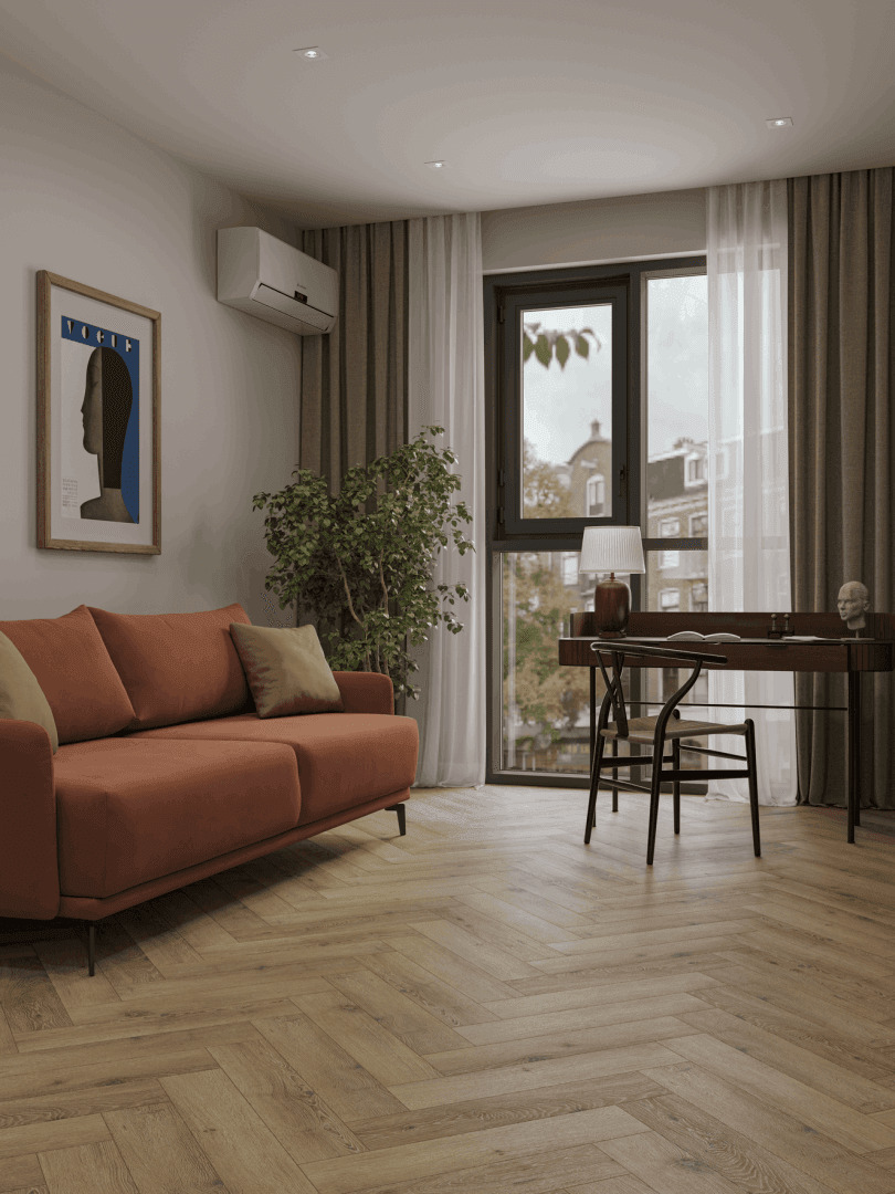 Кварцвиниловый SPC ламинат Norland Parquet S Breeze 1055-13 венгерская елка 600×125×4 фото в интерьере