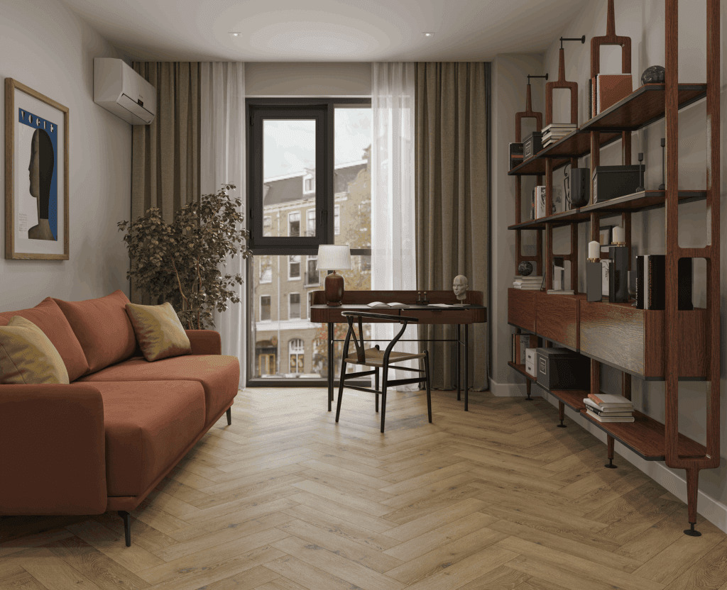 Кварцвиниловый SPC ламинат Norland Parquet S Breeze 1055-13 венгерская елка 600×125×4 фото в интерьере