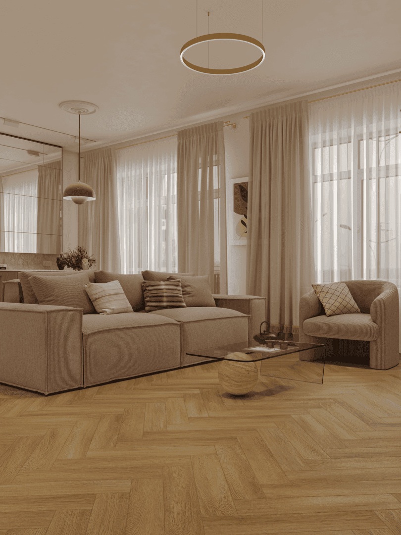 Кварцвиниловый SPC ламинат Norland Parquet S Provence 1055-14 венгерская елка 600×125×4 фото в интерьере