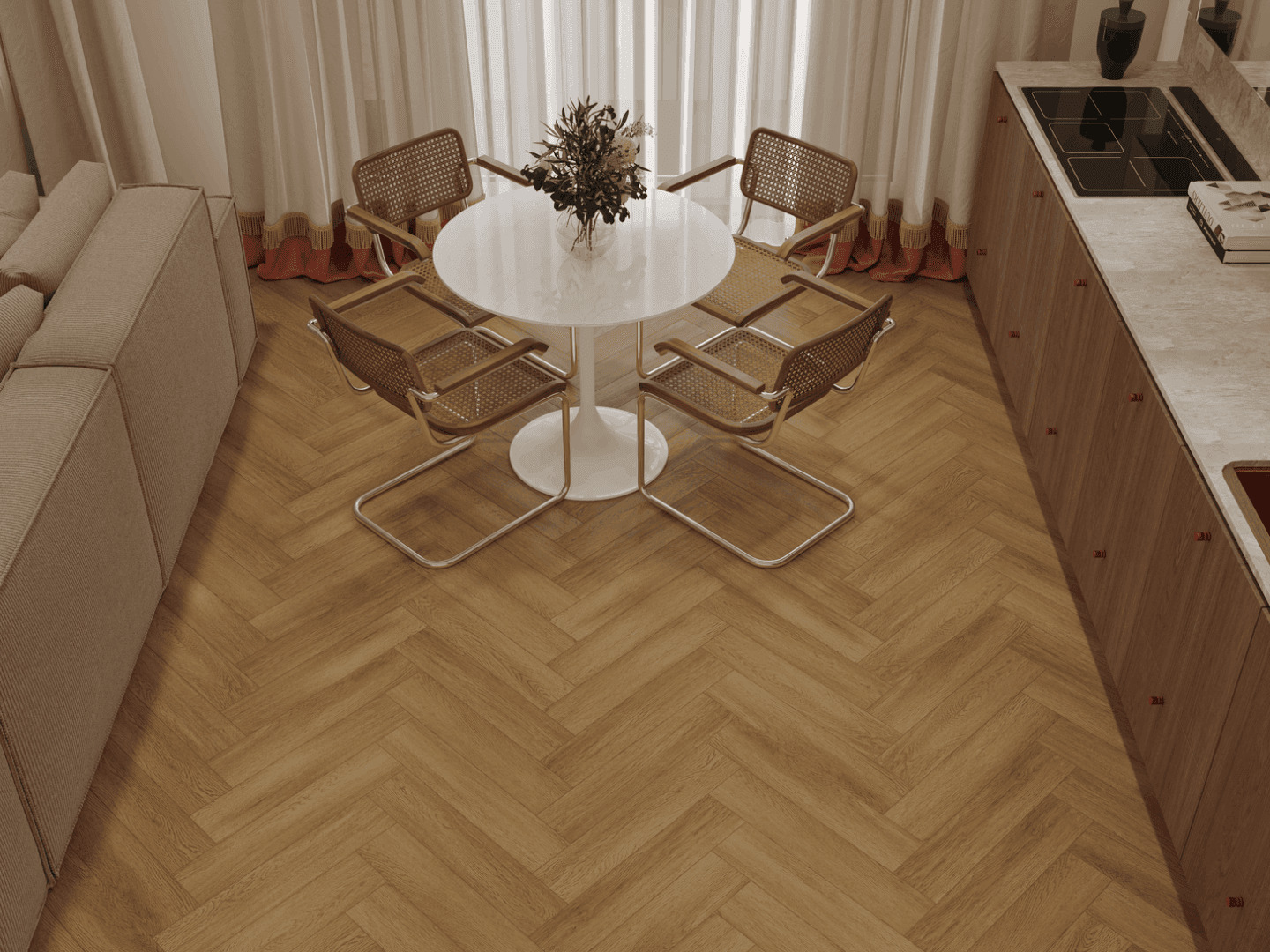 Кварцвиниловый SPC ламинат Norland Parquet S Provence 1055-14 венгерская елка 600×125×4 фото в интерьере