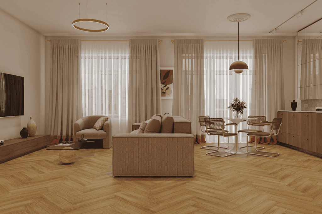 Кварцвиниловый SPC ламинат Norland Parquet S Provence 1055-14 венгерская елка 600×125×4 фото в интерьере