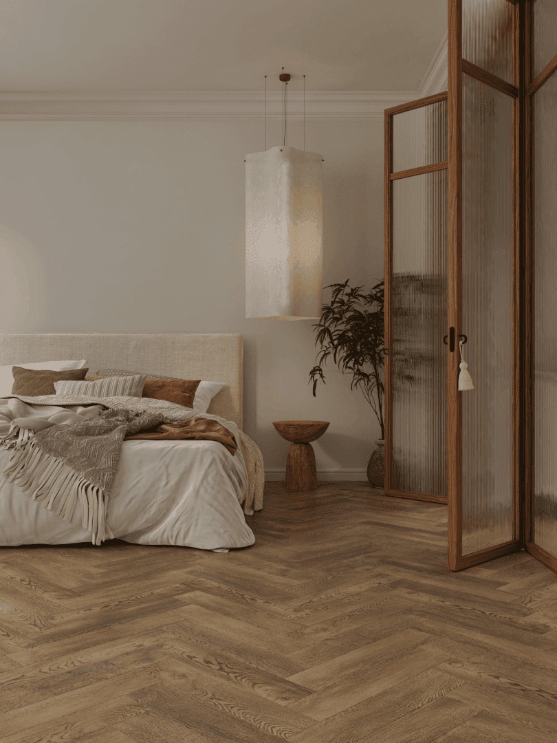 Кварцвиниловый SPC ламинат Norland Parquet S Lahti 1055-15 венгерская елка 600×125×4 фото в интерьере