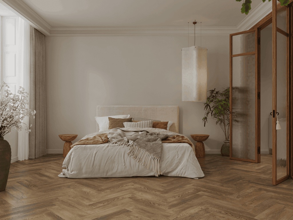 Кварцвиниловый SPC ламинат Norland Parquet S Lahti 1055-15 венгерская елка 600×125×4 фото в интерьере