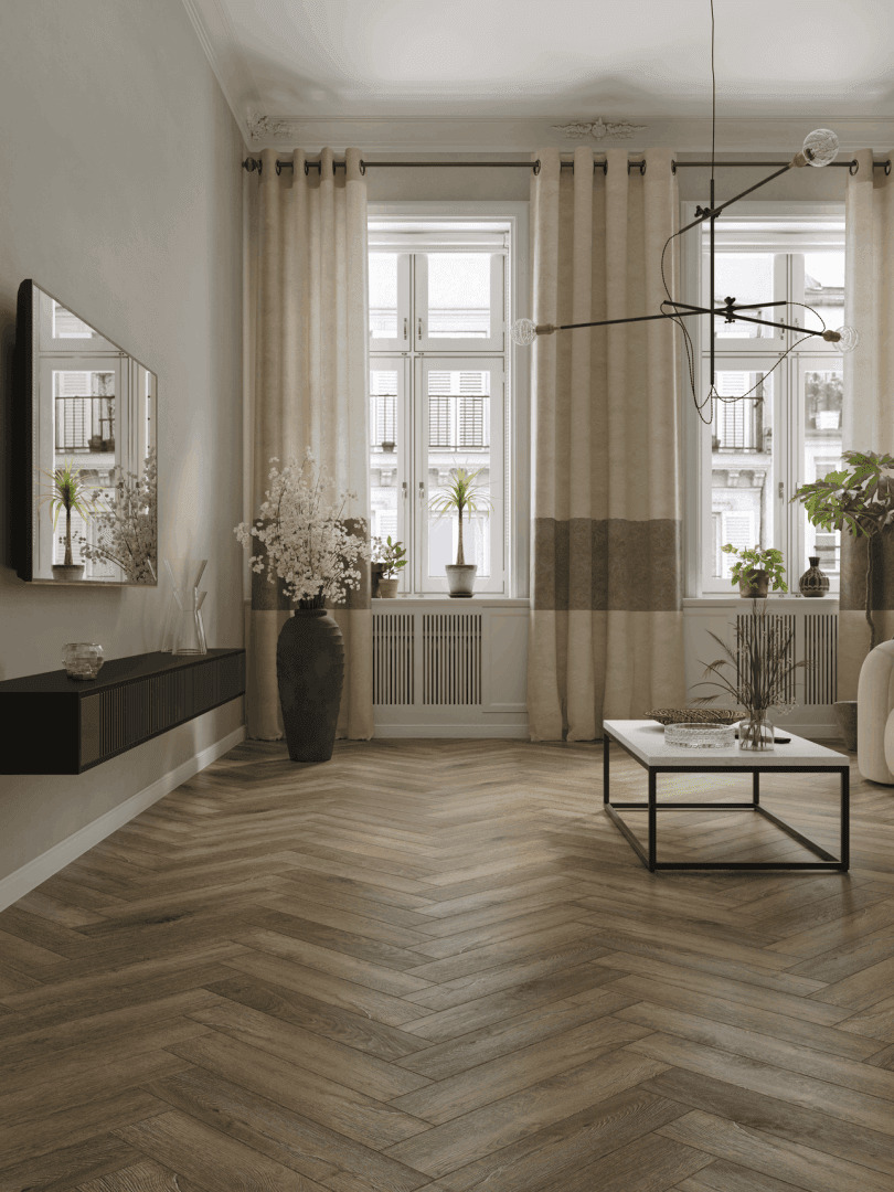 Кварцвиниловый SPC ламинат Norland Parquet S Vienna 1055-16 венгерская елка 600×125×4 фото в интерьере