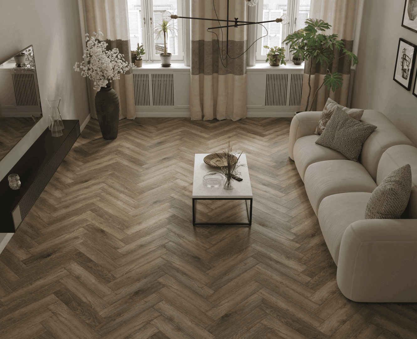 Кварцвиниловый SPC ламинат Norland Parquet S Vienna 1055-16 венгерская елка 600×125×4 фото в интерьере