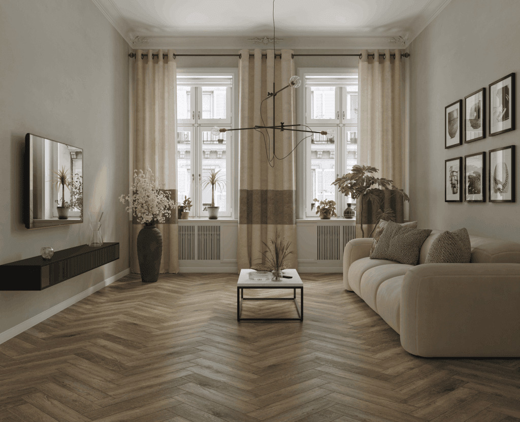 Кварцвиниловый SPC ламинат Norland Parquet S Vienna 1055-16 венгерская елка 600×125×4 фото в интерьере