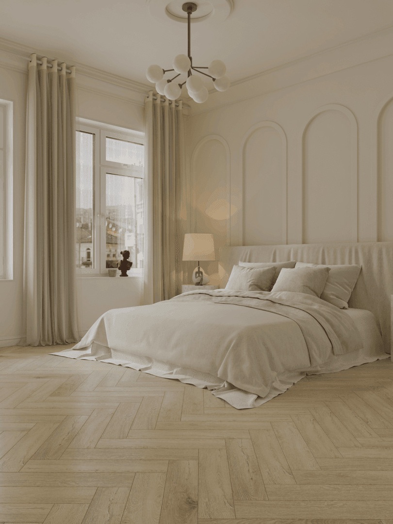 Кварцвиниловый SPC ламинат Norland Parquet S Buton 1055-17 венгерская елка 600×125×4 фото в интерьере