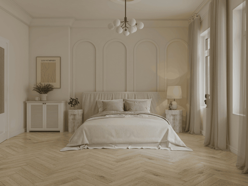 Кварцвиниловый SPC ламинат Norland Parquet S Buton 1055-17 венгерская елка 600×125×4 фото в интерьере