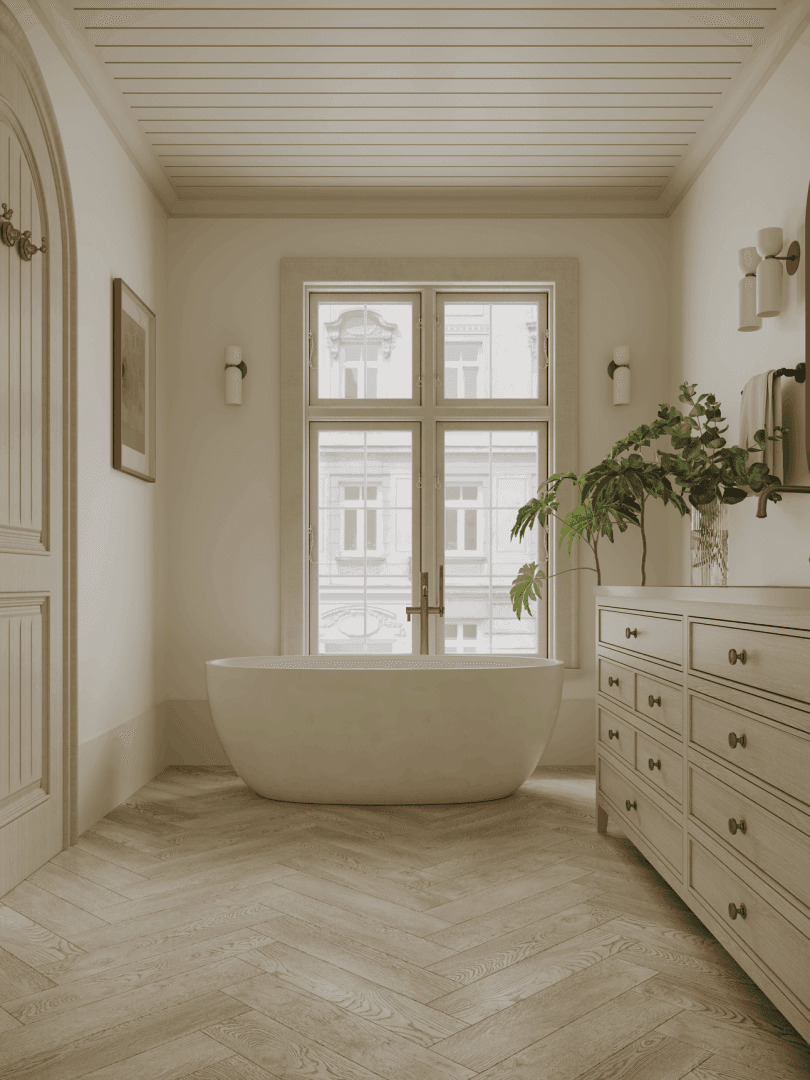 Кварцвиниловый SPC ламинат Norland Parquet S Torro 1055-18 венгерская елка 600×125×4 фото в интерьере