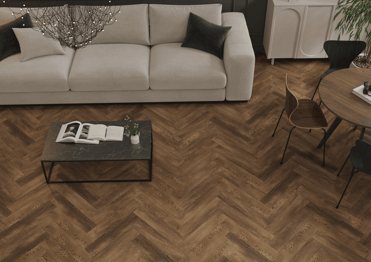 Кварцвиниловый SPC ламинат Norland Parquet S Loft 1055-19 венгерская елка 600×125×4 фото в интерьере