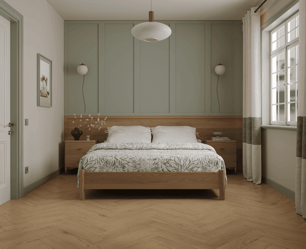 Кварцвиниловый SPC ламинат Norland Parquet S Atlas 1055-21 венгерская елка 600×125×4 фото в интерьере