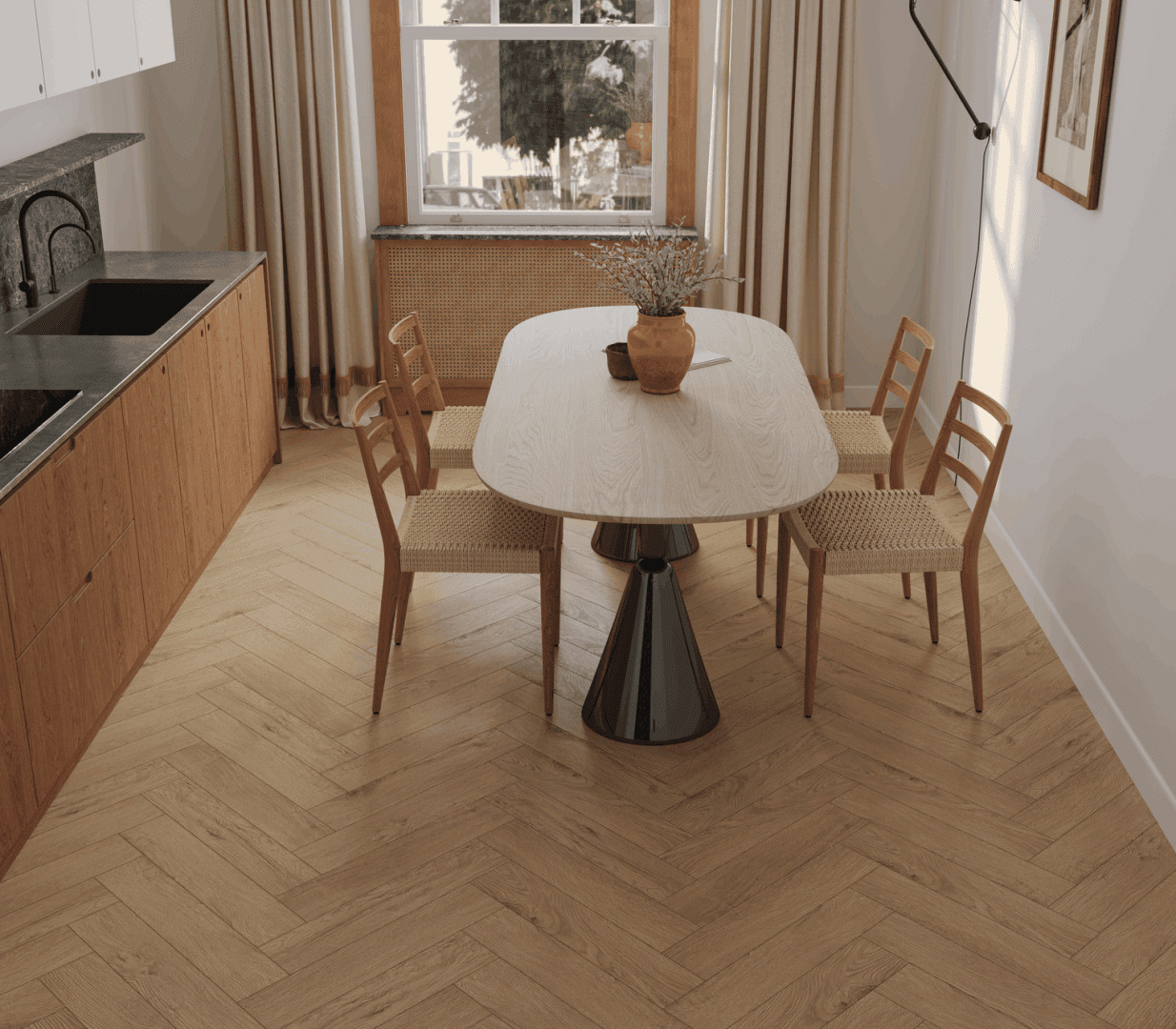 Кварцвиниловый SPC ламинат Norland Parquet S Valena 1055-22 венгерская елка 600×125×4 фото в интерьере