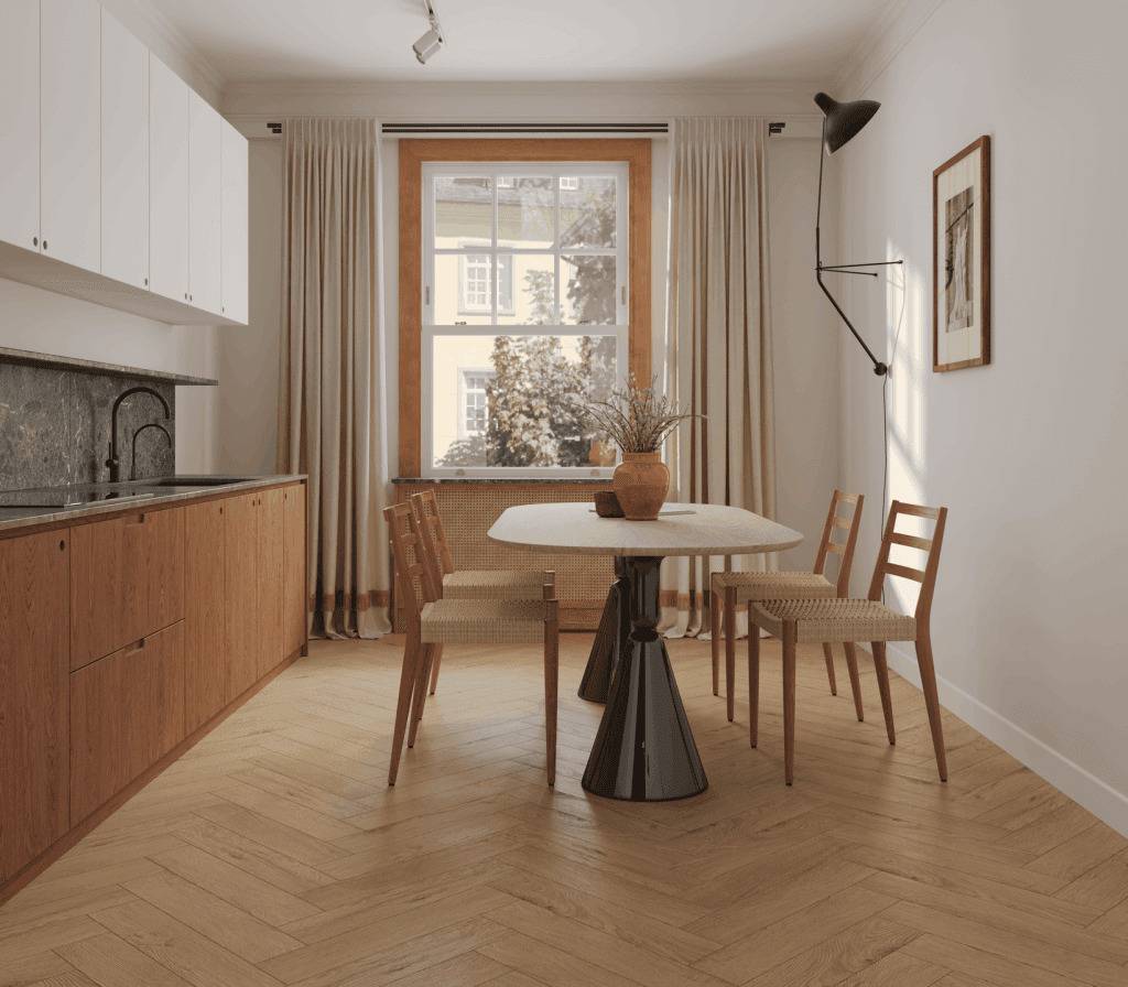 Кварцвиниловый SPC ламинат Norland Parquet S Valena 1055-22 венгерская елка 600×125×4 фото в интерьере