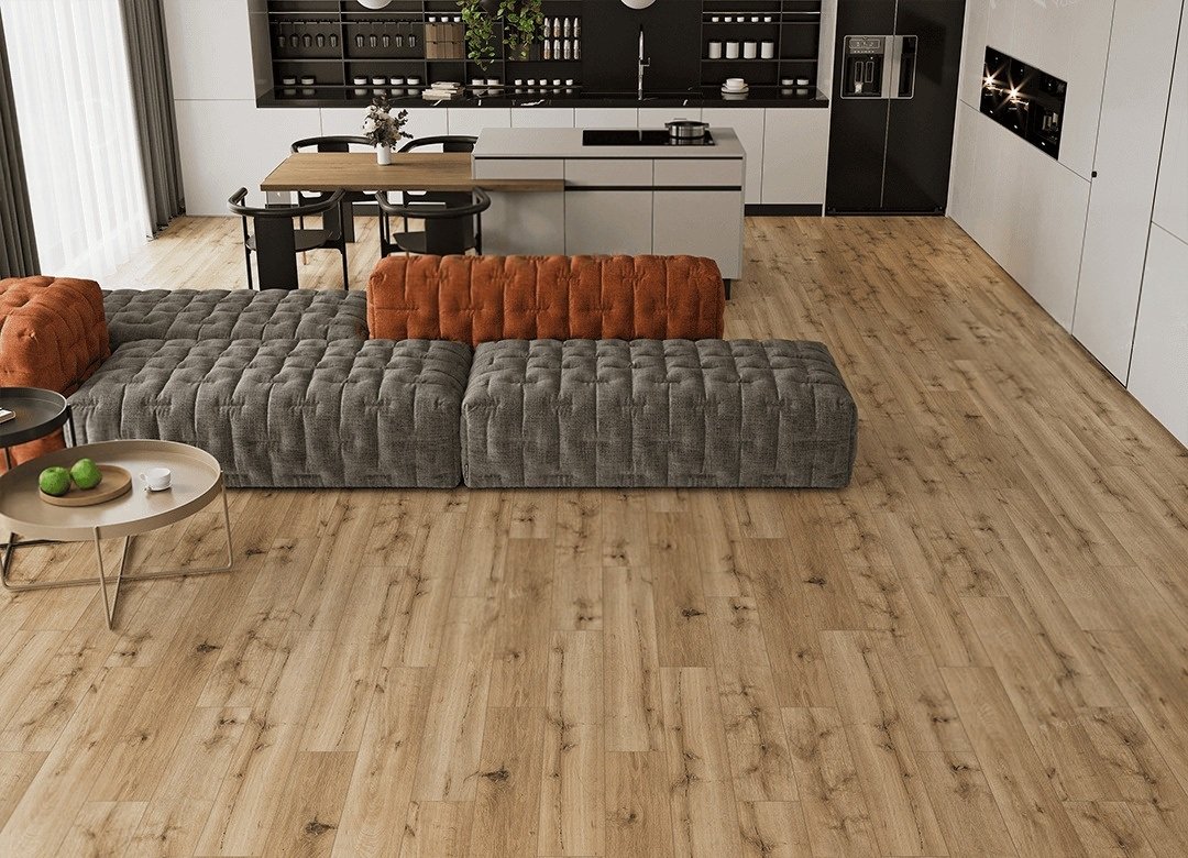 Кварцвиниловый SPC ламинат Norland Lagom Parquet Bomul 1033-13 венгерская елка 600×125×3,5 фото в интерьере