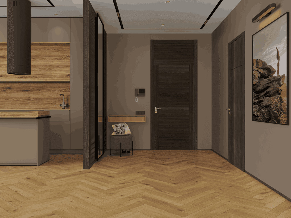 Ламинат Norland Herringbone Elegant 10 Дуб Хайнан LF306-09 венгерская елка 600×100×10 фото в интерьере