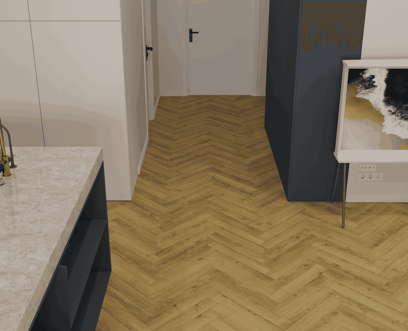 Ламинат Norland Herringbone Elegant 10 Дуб Фанэн LF306-17 венгерская елка 600×100×10 фото в интерьере