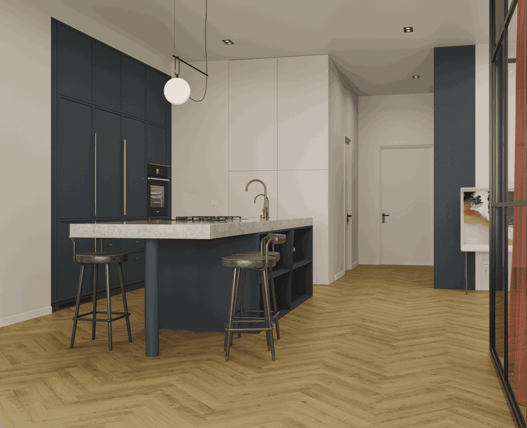 Ламинат Norland Herringbone Elegant 10 Дуб Фанэн LF306-17 венгерская елка 600×100×10 фото в интерьере