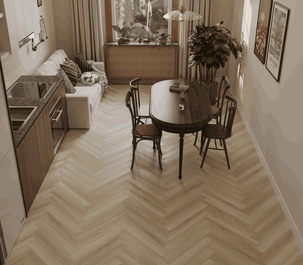 Ламинат Norland Herringbone Elegant 10 Дуб Иония LF306-33 венгерская елка 600×100×10 фото в интерьере