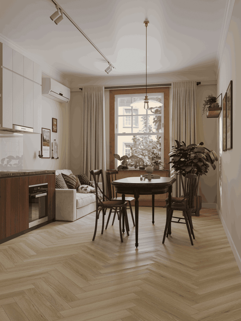 Ламинат Norland Herringbone Elegant 10 Дуб Иония LF306-33 венгерская елка 600×100×10 фото в интерьере