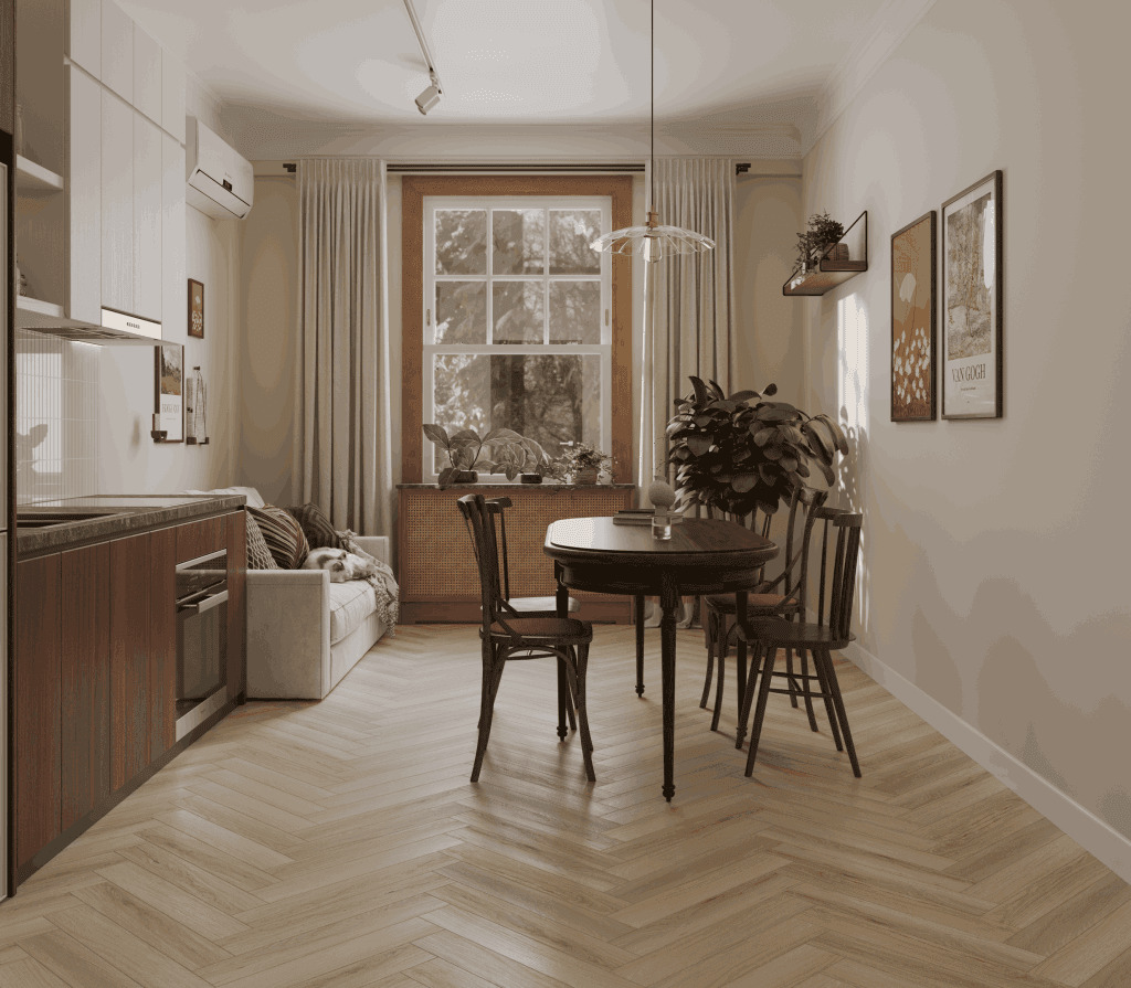 Ламинат Norland Herringbone Elegant 10 Дуб Иония LF306-33 венгерская елка 600×100×10 фото в интерьере
