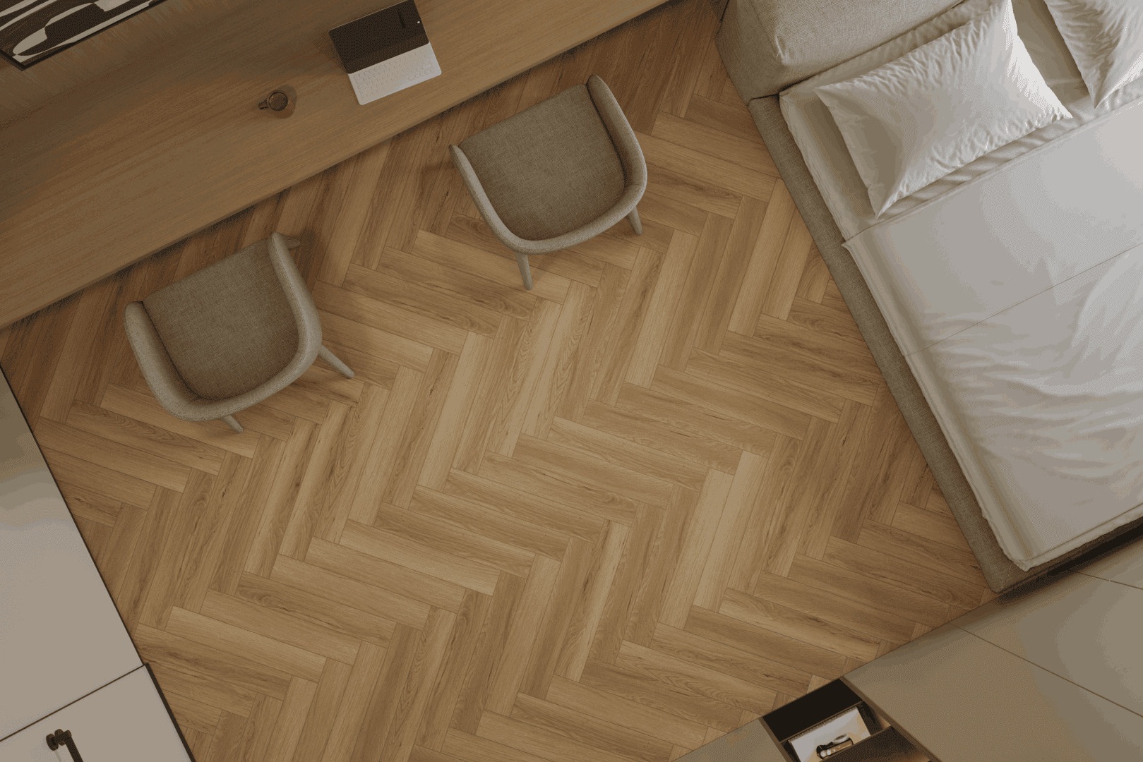 Ламинат Norland Herringbone Elegant 10 Дуб Босна LF306-39 венгерская елка 600×100×10 фото в интерьере