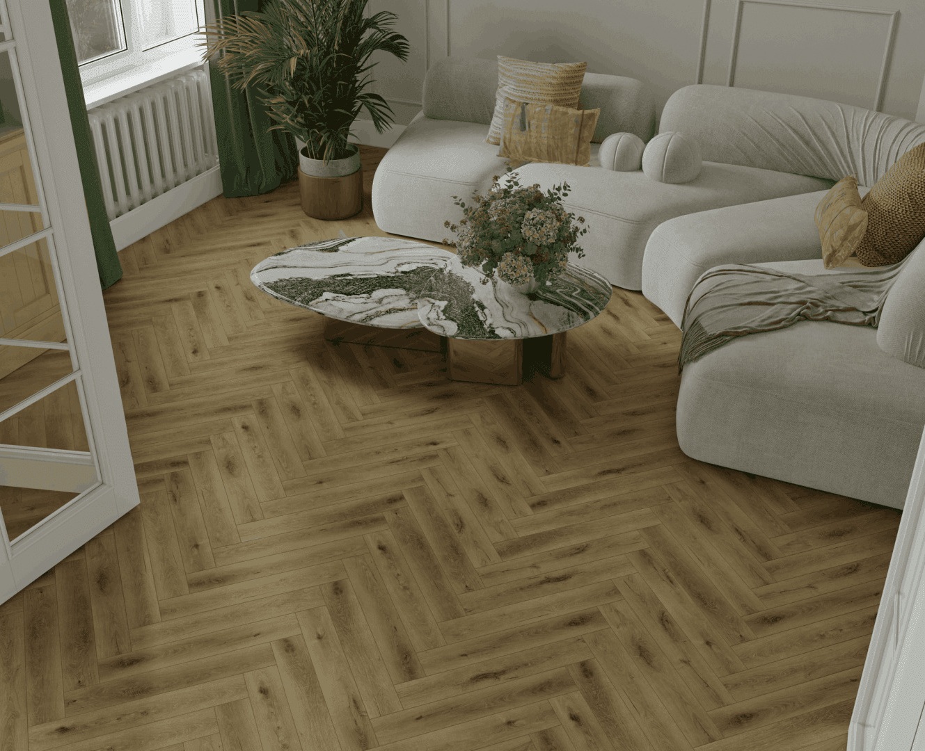 Ламинат Norland Herringbone Elegant 10 Дуб Элла LF306-41 венгерская елка 600×100×10 фото в интерьере