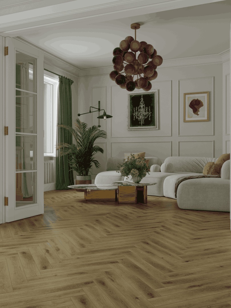 Ламинат Norland Herringbone Elegant 10 Дуб Элла LF306-41 венгерская елка 600×100×10 фото в интерьере