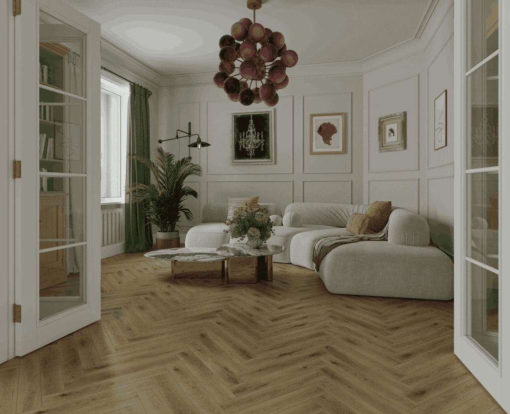 Ламинат Norland Herringbone Elegant 10 Дуб Элла LF306-41 венгерская елка 600×100×10 фото в интерьере