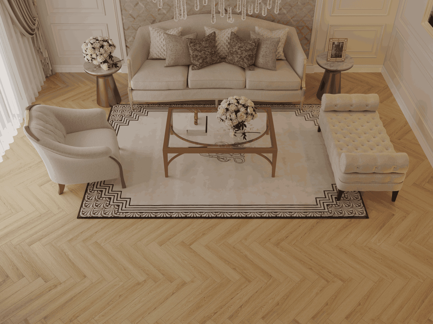 Ламинат Norland Herringbone Elegant Strong Дуб Борео LF304-32 венгерская елка 600×100×12 фото в интерьере